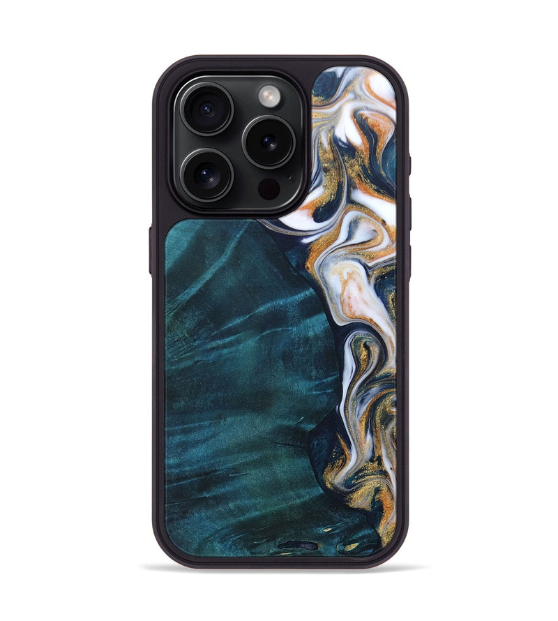 iPhone 15 Pro Wood+Resin Phone Case - Heaven (Teal & Gold, 688484)