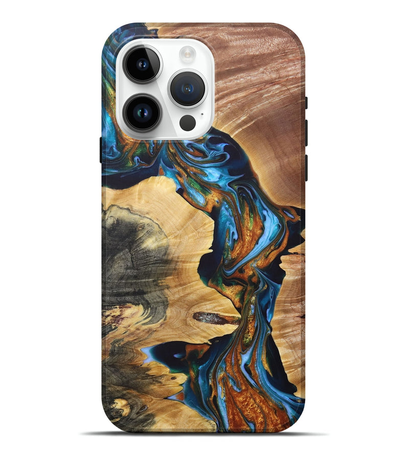 iPhone 15 Pro Max Wood+Resin Live Edge Phone Case - Frederick (Teal & Gold, 688633)