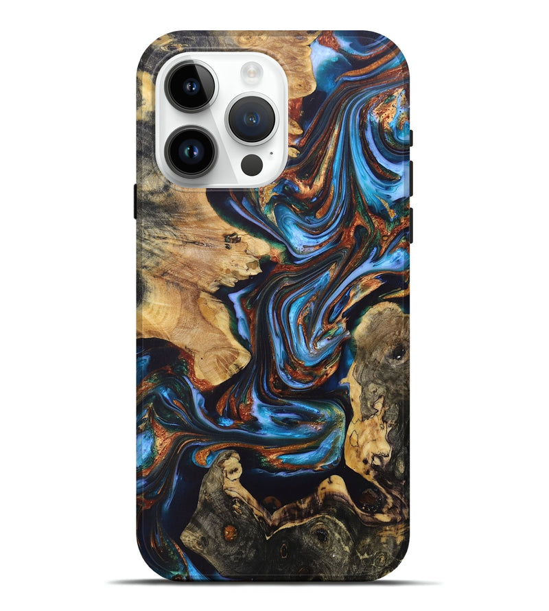 iPhone 15 Pro Max Wood+Resin Live Edge Phone Case - Kathleen (Teal & Gold, 688634)