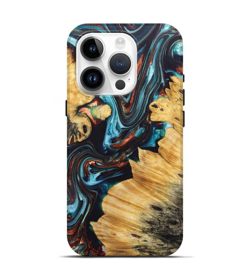 iPhone 15 Pro Wood+Resin Live Edge Phone Case - Tessa (Teal & Gold, 688635)
