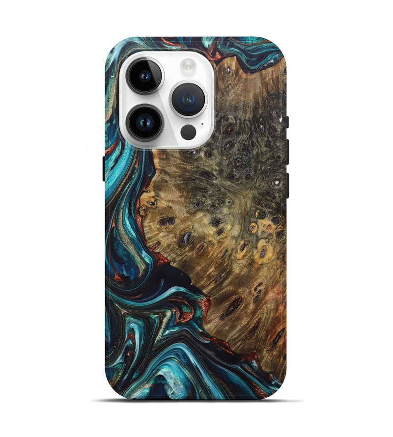 iPhone 15 Pro Wood+Resin Live Edge Phone Case - Moises (Teal & Gold, 688636)