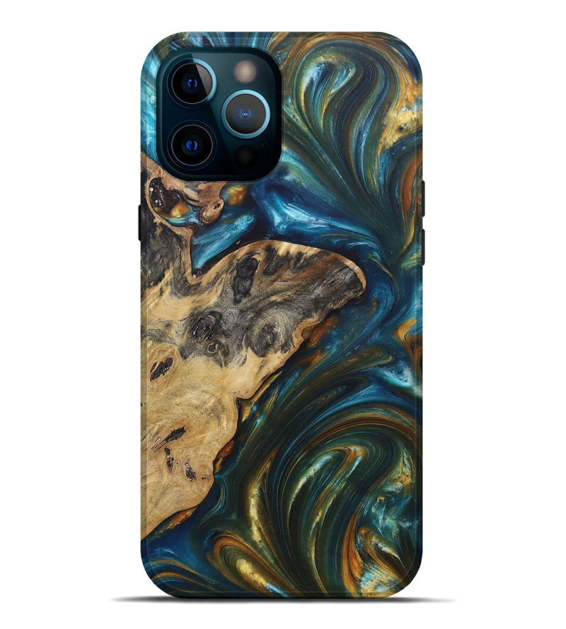 iPhone 12 Pro Max Wood+Resin Live Edge Phone Case - John (Teal & Gold, 689018)