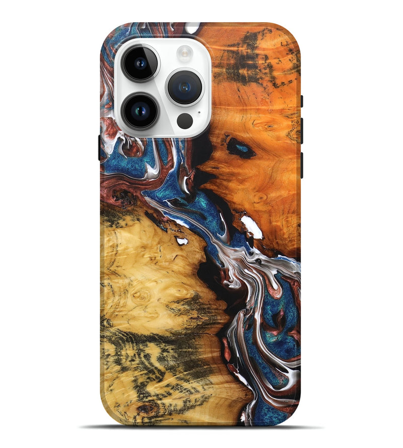 iPhone 15 Pro Max Wood+Resin Live Edge Phone Case - Lincoln (Teal & Gold, 689575)