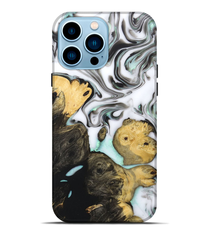 iPhone 14 Pro Max Wood+Resin Live Edge Phone Case - Ximena (Black & White, 690165)
