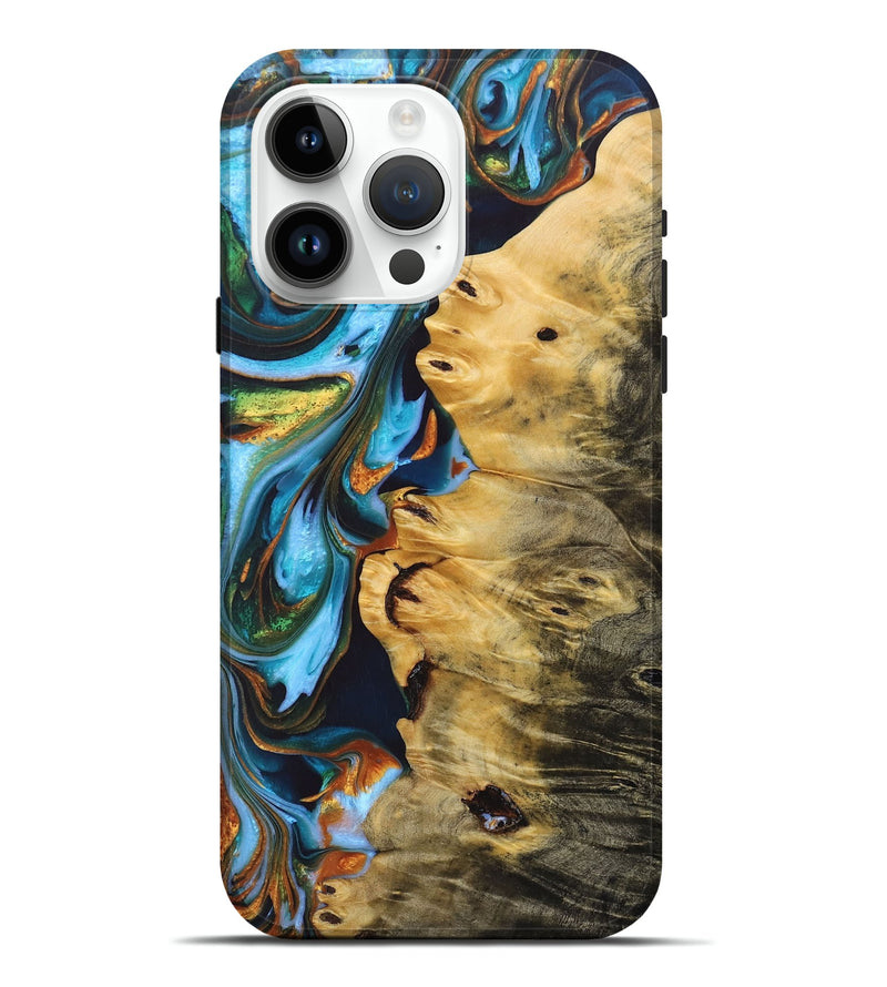 iPhone 15 Pro Max Wood+Resin Live Edge Phone Case - Dallas (Teal & Gold, 690720)