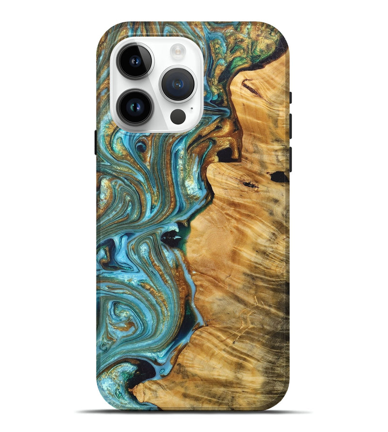 iPhone 15 Pro Max Wood+Resin Live Edge Phone Case - Theodore (Teal & Gold, 690988)