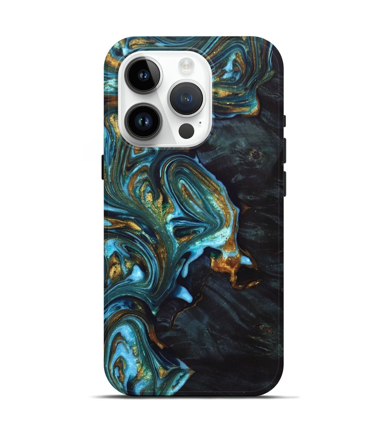 iPhone 15 Pro Wood+Resin Live Edge Phone Case - Leonel (Teal & Gold, 690993)