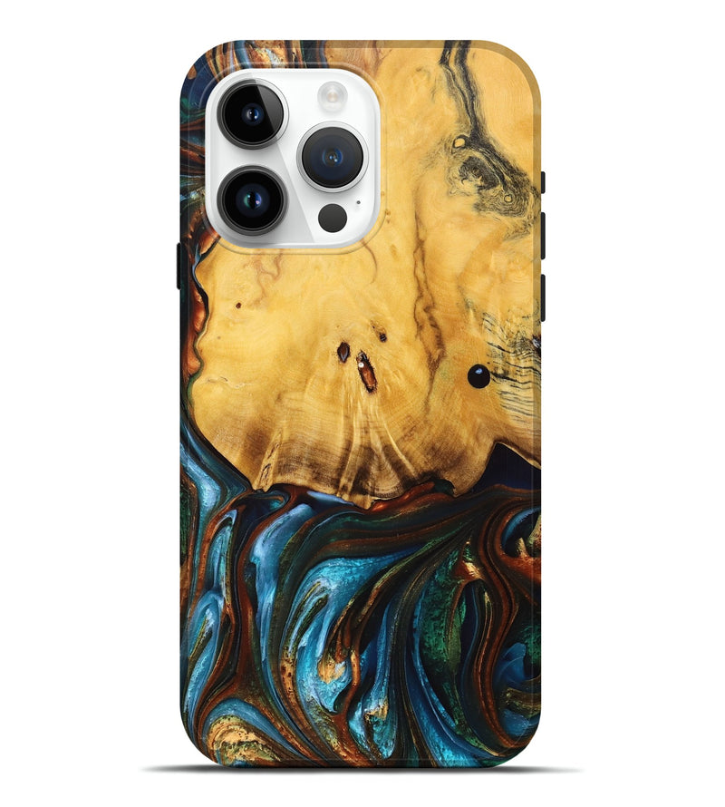 iPhone 15 Pro Max Wood+Resin Live Edge Phone Case - Ophelia (Teal & Gold, 691496)