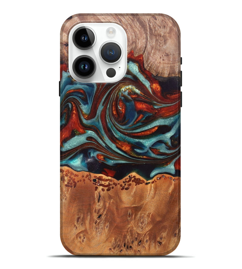 iPhone 15 Pro Max Wood+Resin Live Edge Phone Case - Rene (Teal & Gold, 691516)