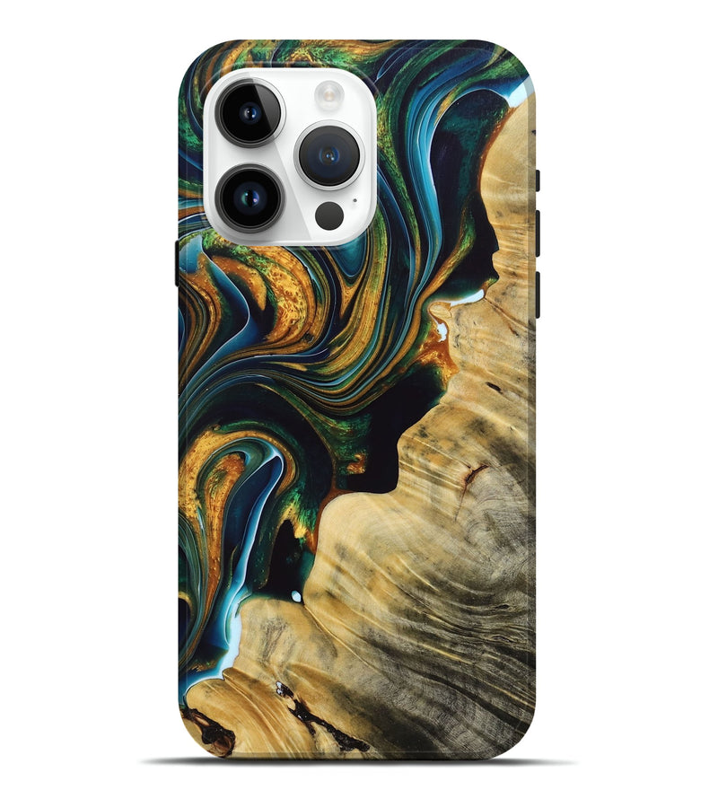 iPhone 15 Pro Max Wood+Resin Live Edge Phone Case - Gregory (Teal & Gold, 691740)