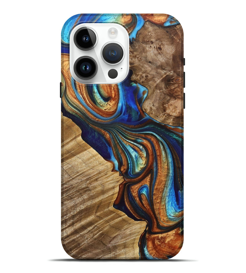 iPhone 15 Pro Max Wood+Resin Live Edge Phone Case - Dixie (Teal & Gold, 691743)