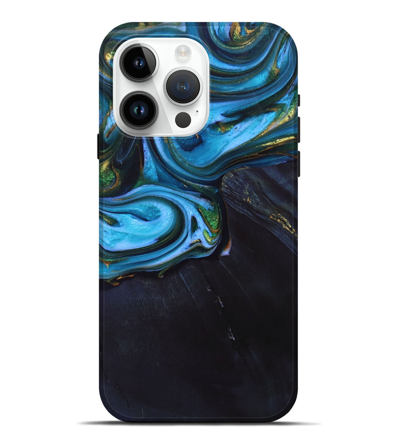 iPhone 15 Pro Max Wood+Resin Live Edge Phone Case - Gary (Teal & Gold, 691749)