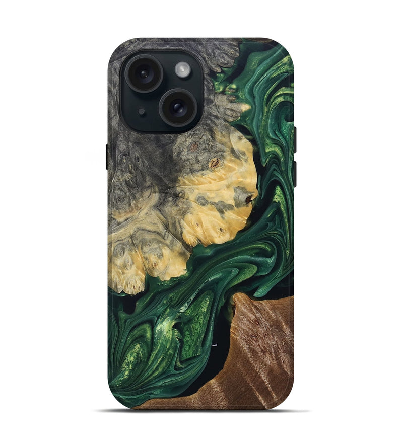 iPhone 15 Wood+Resin Live Edge Phone Case - Sean (Green, 691759)