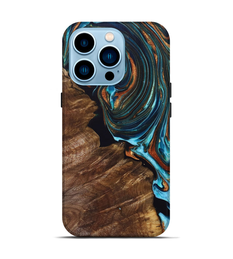 iPhone 14 Pro Wood+Resin Live Edge Phone Case - Charlee (Teal & Gold, 691896)