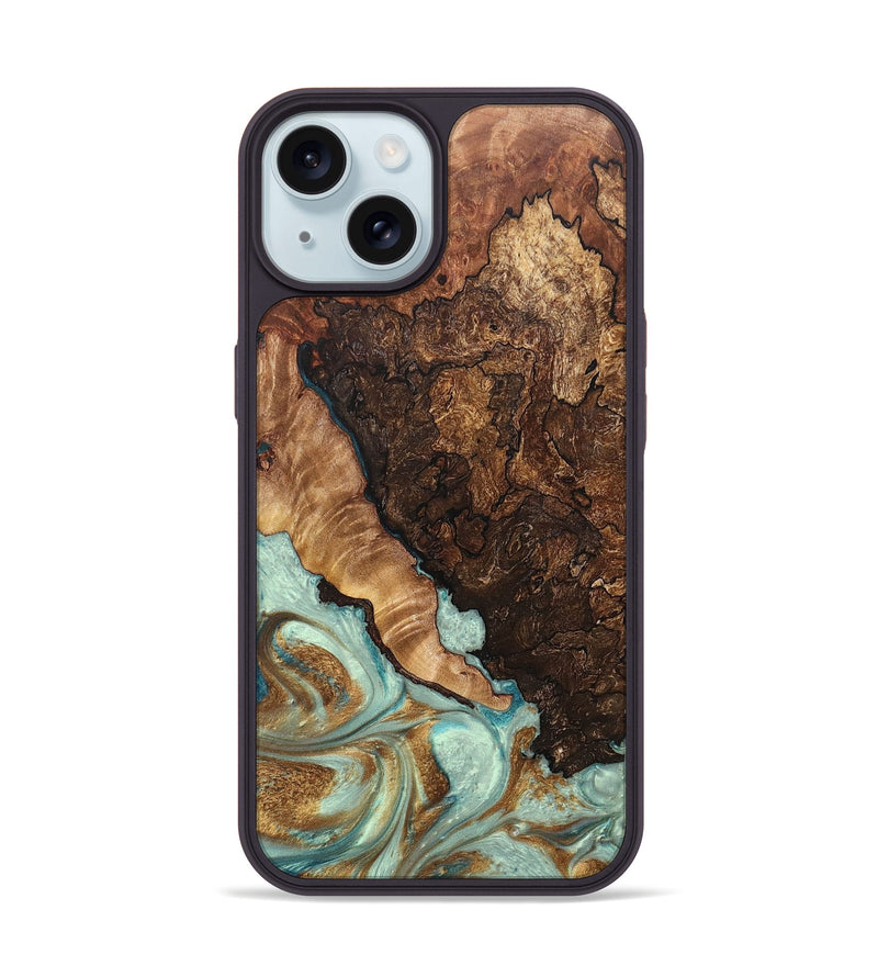 iPhone 15 Wood+Resin Phone Case - Rochelle (Teal & Gold, 692228)