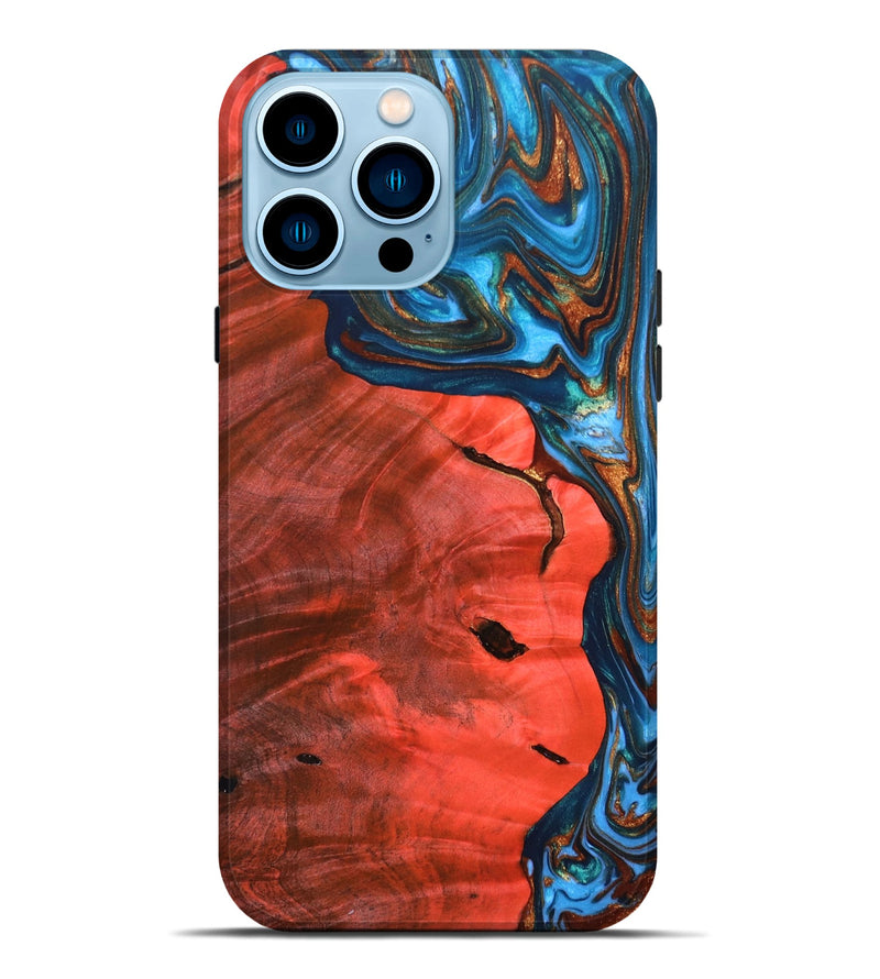 iPhone 14 Pro Max Wood+Resin Live Edge Phone Case - Mack (Teal & Gold, 692527)