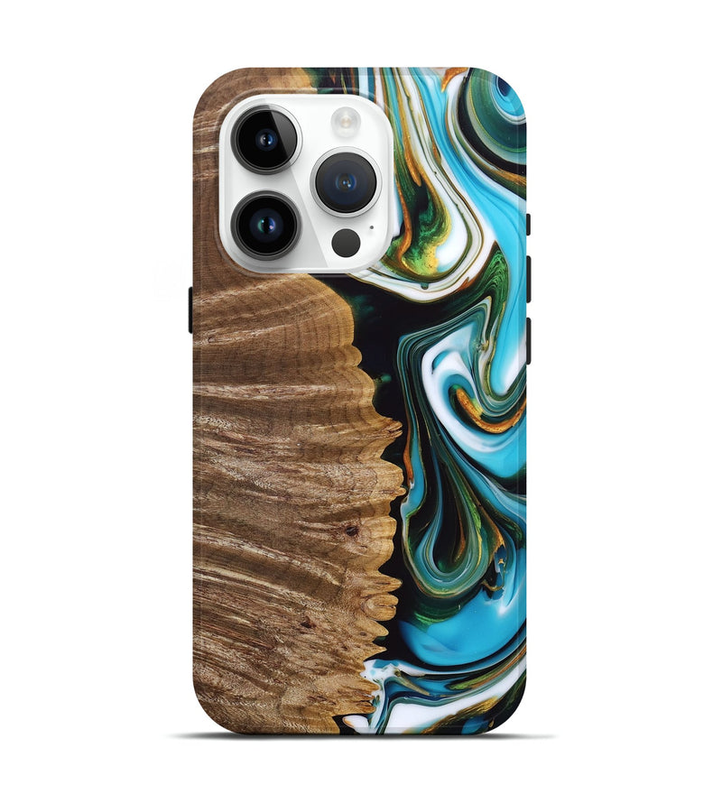 iPhone 15 Pro Wood+Resin Live Edge Phone Case - Silas (Teal & Gold, 692660)