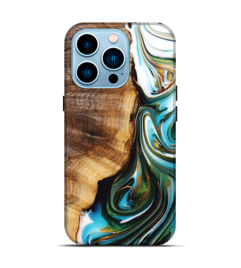 iPhone 14 Pro Wood+Resin Live Edge Phone Case - Aubrey (Teal & Gold, 692662)