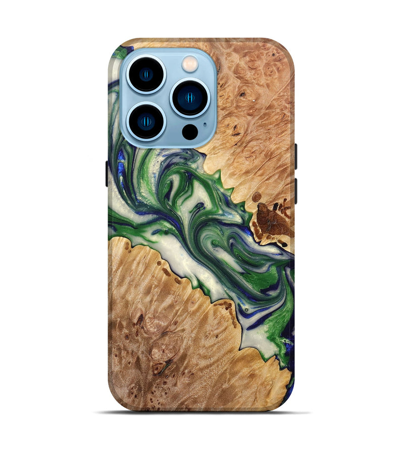 iPhone 14 Pro Wood+Resin Live Edge Phone Case - Emilia (Green, 693572)