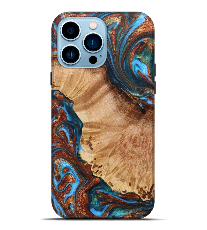 iPhone 14 Pro Max Wood+Resin Live Edge Phone Case - Jonas (Teal & Gold, 693580)
