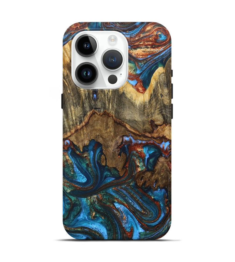 iPhone 15 Pro Wood+Resin Live Edge Phone Case - Bryanna (Teal & Gold, 693581)