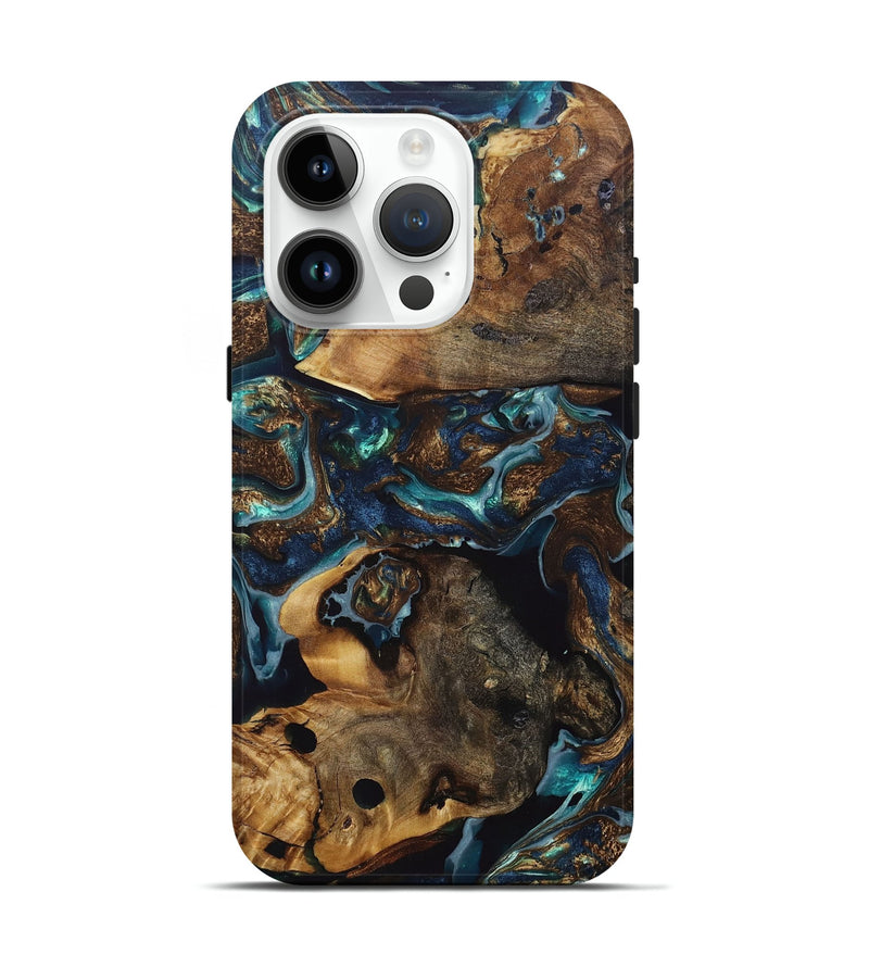 iPhone 15 Pro Wood+Resin Live Edge Phone Case - Bryan (Teal & Gold, 693583)