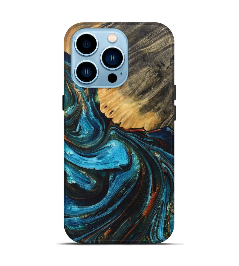 iPhone 14 Pro Wood+Resin Live Edge Phone Case - Skye (Teal & Gold, 693585)