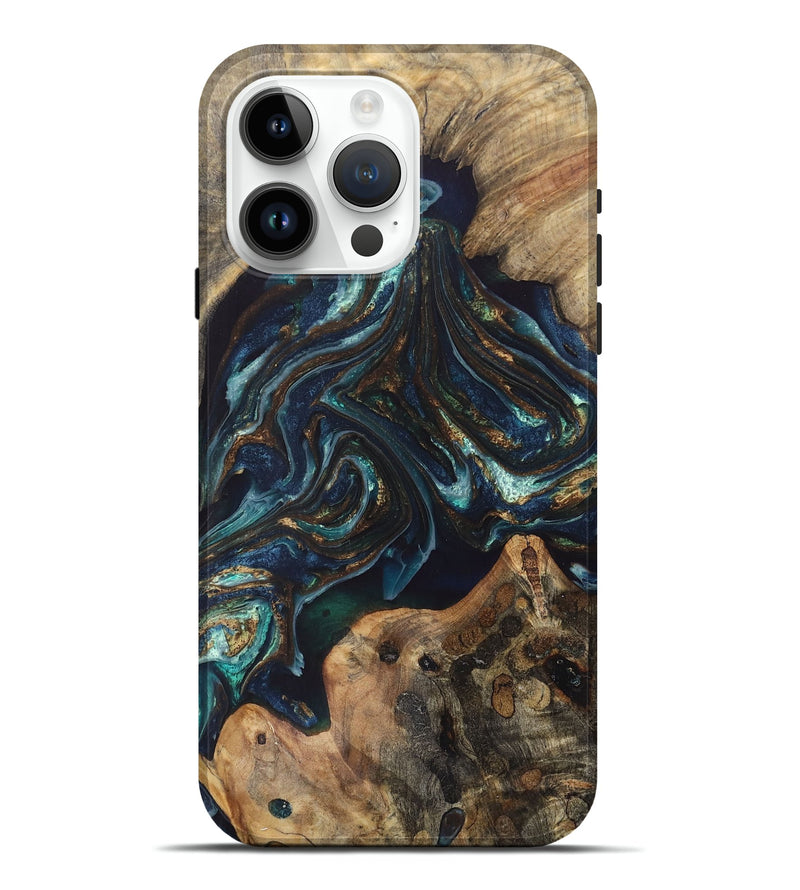 iPhone 15 Pro Max Wood+Resin Live Edge Phone Case - Jarod (Teal & Gold, 693587)