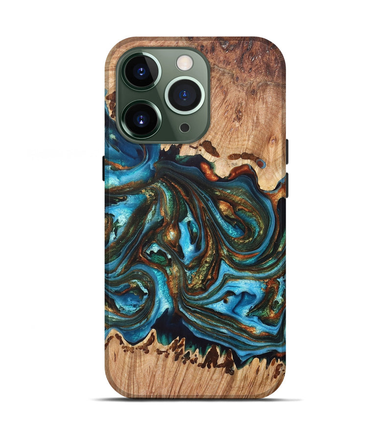 iPhone 13 Pro Wood+Resin Live Edge Phone Case - Olga (Teal & Gold, 693588)