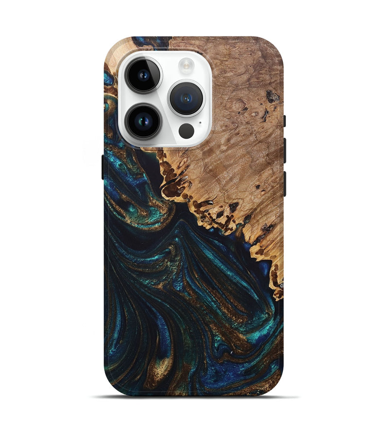 iPhone 15 Pro Wood+Resin Live Edge Phone Case - Allie (Teal & Gold, 693590)