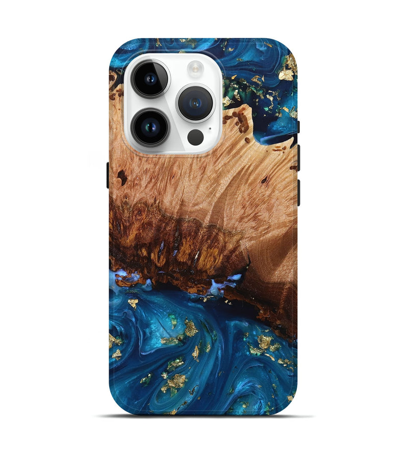 iPhone 15 Pro Wood+Resin Live Edge Phone Case - Wyatt (Teal & Gold, 693793)