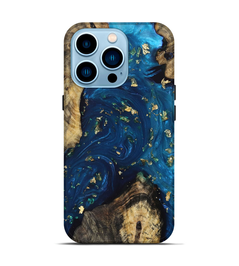 iPhone 14 Pro Wood+Resin Live Edge Phone Case - Bernice (Teal & Gold, 693794)