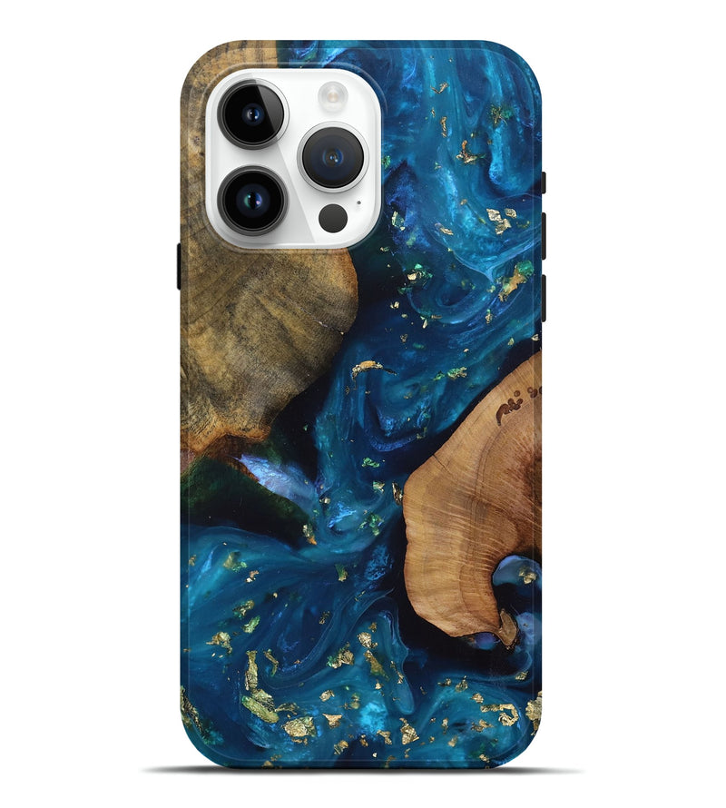 iPhone 15 Pro Max Wood+Resin Live Edge Phone Case - Stefanie (Teal & Gold, 693795)