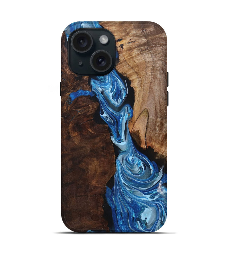 iPhone 15 Wood+Resin Live Edge Phone Case - Edna (Blue, 693806)