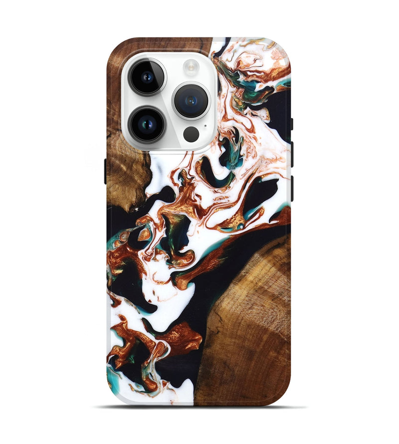 iPhone 15 Pro Wood+Resin Live Edge Phone Case - Traci (Teal & Gold, 693955)