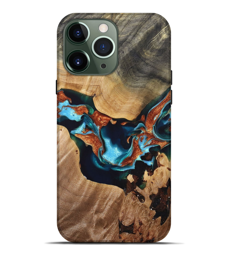 iPhone 13 Pro Max Wood+Resin Live Edge Phone Case - Noelle (Teal & Gold, 693956)