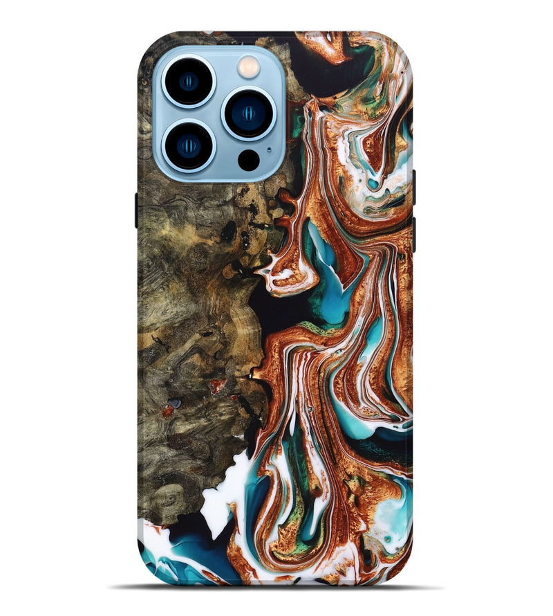 iPhone 14 Pro Max Wood+Resin Live Edge Phone Case - Elsie (Teal & Gold, 693957)