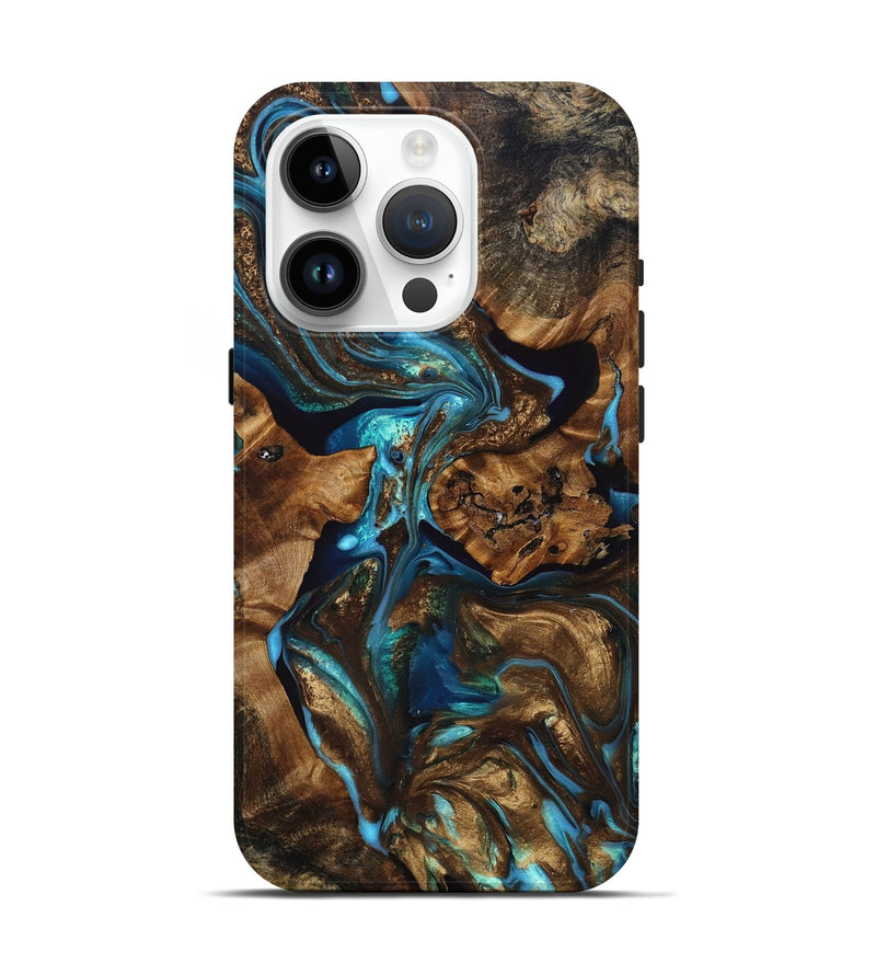iPhone 15 Pro Wood+Resin Live Edge Phone Case - Kiley (Teal & Gold, 693959)