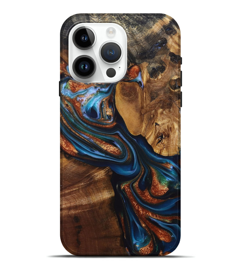 iPhone 15 Pro Max Wood+Resin Live Edge Phone Case - Kyle (Teal & Gold, 694005)
