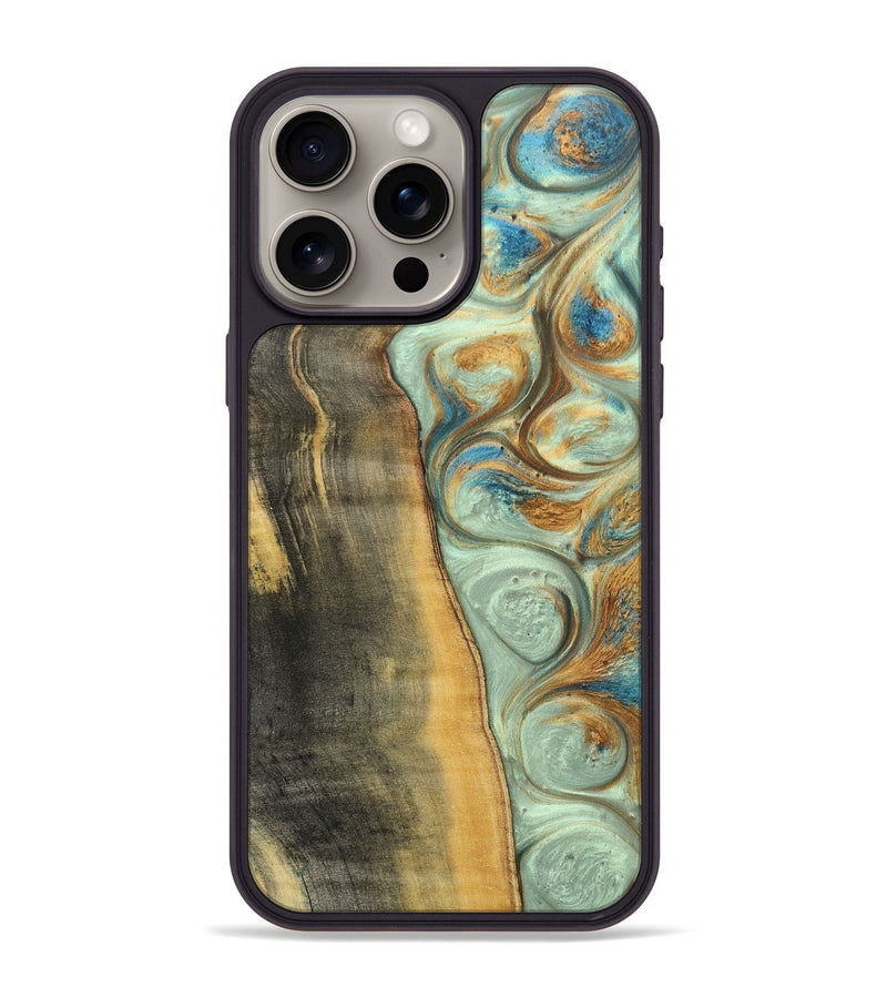 iPhone 15 Pro Max Wood+Resin Phone Case - Skye (Teal & Gold, 694317)
