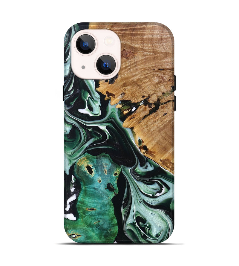 iPhone 14 Wood+Resin Live Edge Phone Case - Rosalie (Green, 694383)