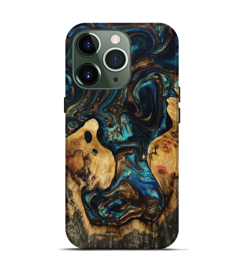 iPhone 13 Pro Wood+Resin Live Edge Phone Case - Dora (Teal & Gold, 694877)