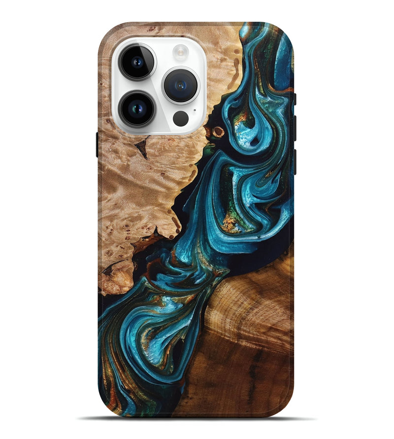 iPhone 15 Pro Max Wood+Resin Live Edge Phone Case - Cynthia (Teal & Gold, 694878)
