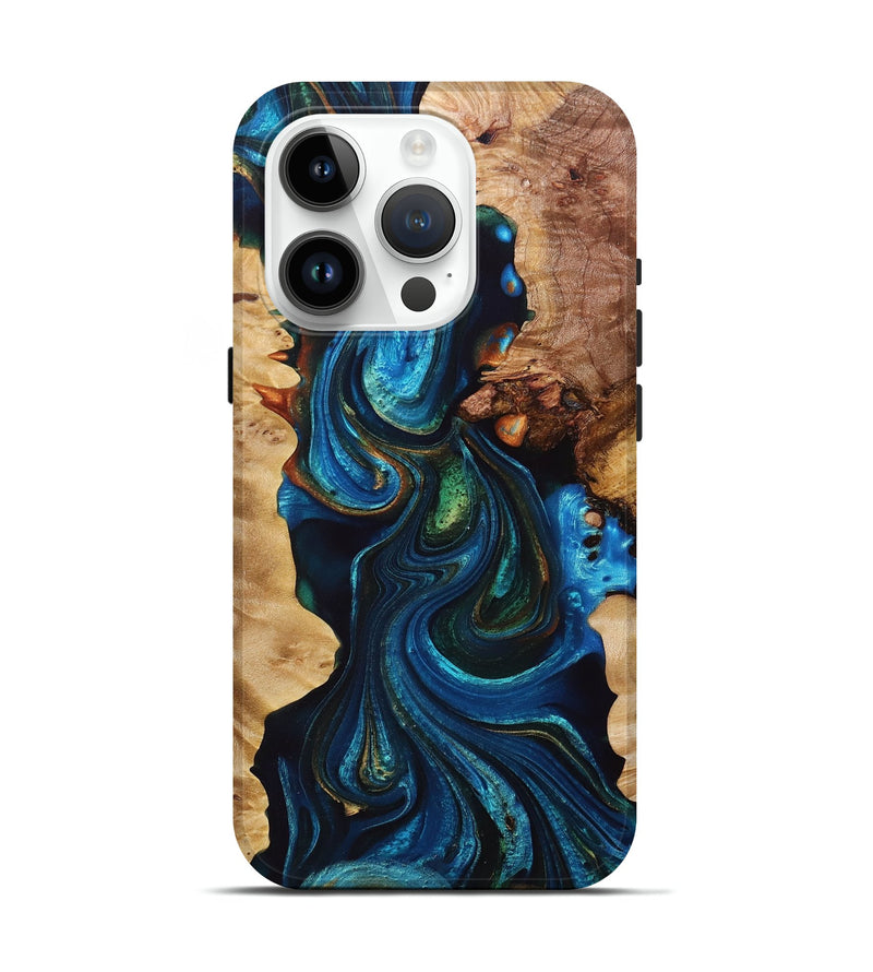 iPhone 15 Pro Wood+Resin Live Edge Phone Case - Jett (Teal & Gold, 694880)