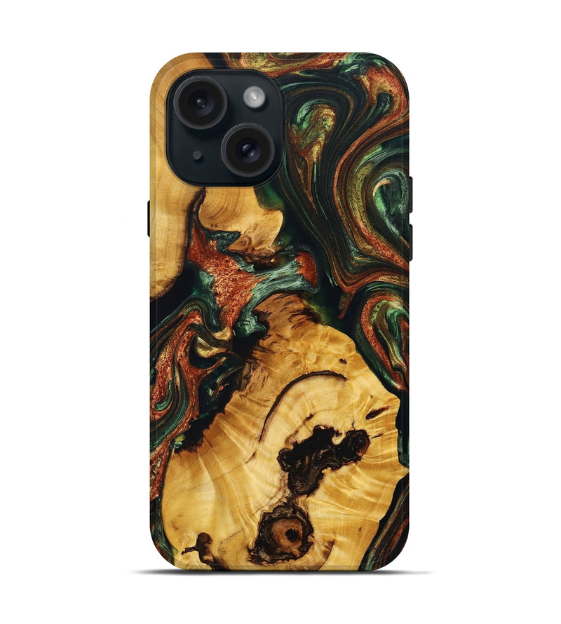 iPhone 15 Wood+Resin Live Edge Phone Case - Clyde (Green, 694964)