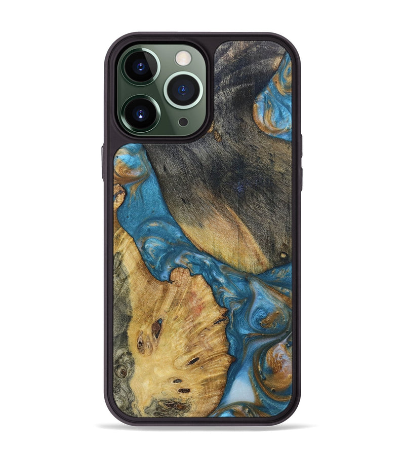 iPhone 13 Pro Max Wood+Resin Phone Case - Juanita (Teal & Gold, 695203)