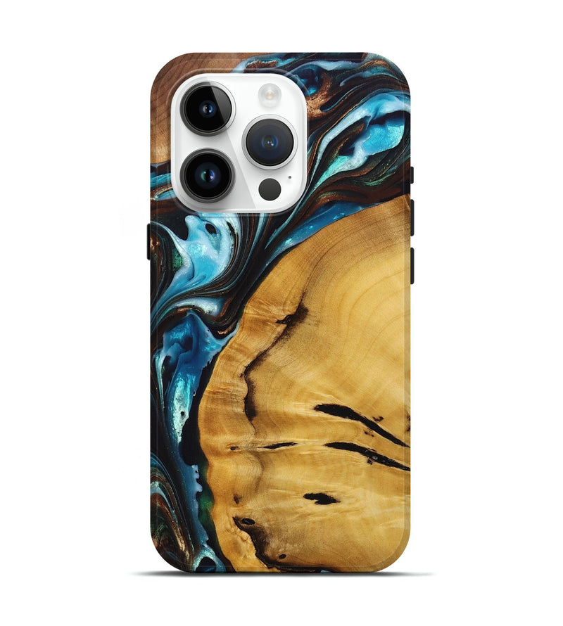 iPhone 15 Pro Wood+Resin Live Edge Phone Case - Amanda (Teal & Gold, 695294)