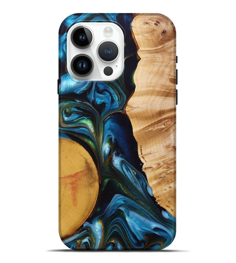 iPhone 15 Pro Max Wood+Resin Live Edge Phone Case - Grant (Teal & Gold, 695295)