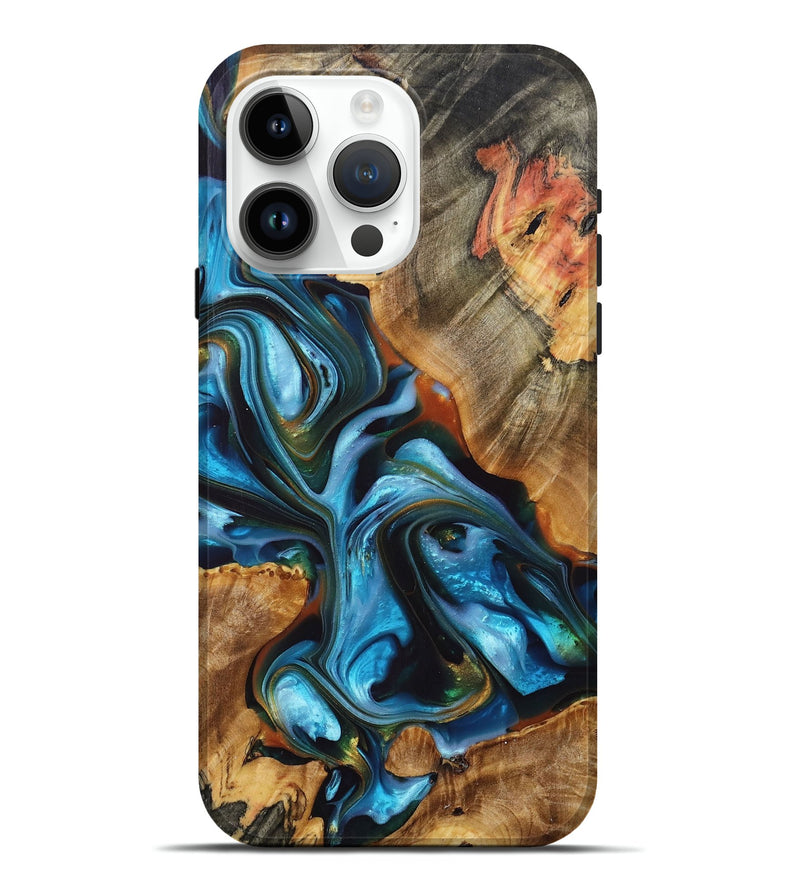 iPhone 15 Pro Max Wood+Resin Live Edge Phone Case - Alexia (Teal & Gold, 695296)