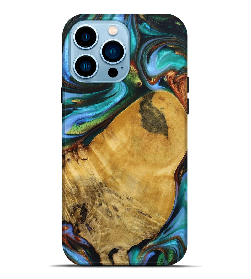 iPhone 14 Pro Max Wood+Resin Live Edge Phone Case - Dewey (Teal & Gold, 695297)